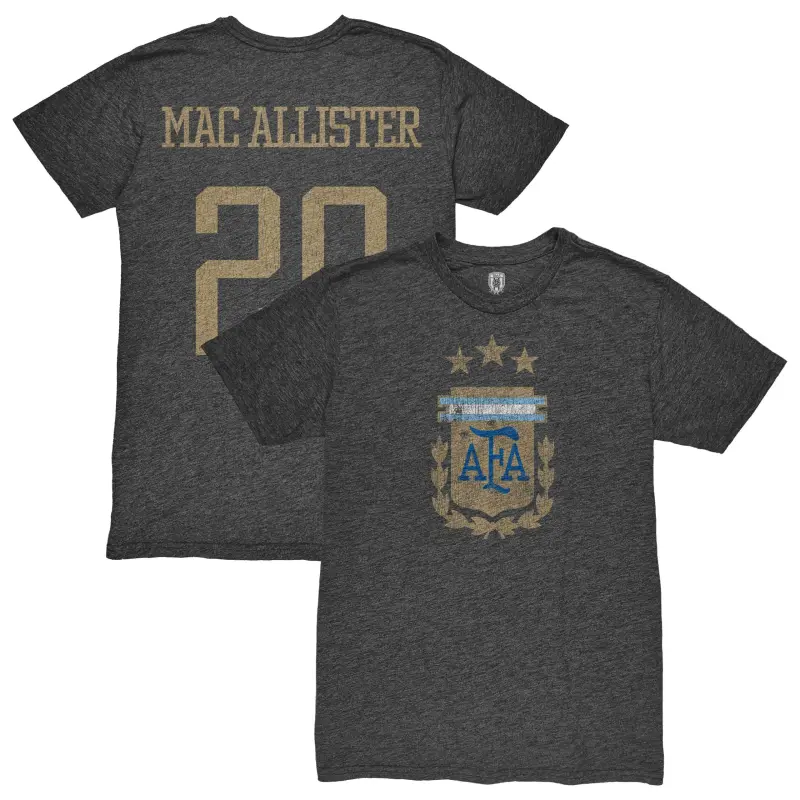 Alexis Mac Allister Argentina National Team 1863FC Player Retro Tri-Blend T-Shirt – Heather Black – World Cup Soccer Shirts & Gear