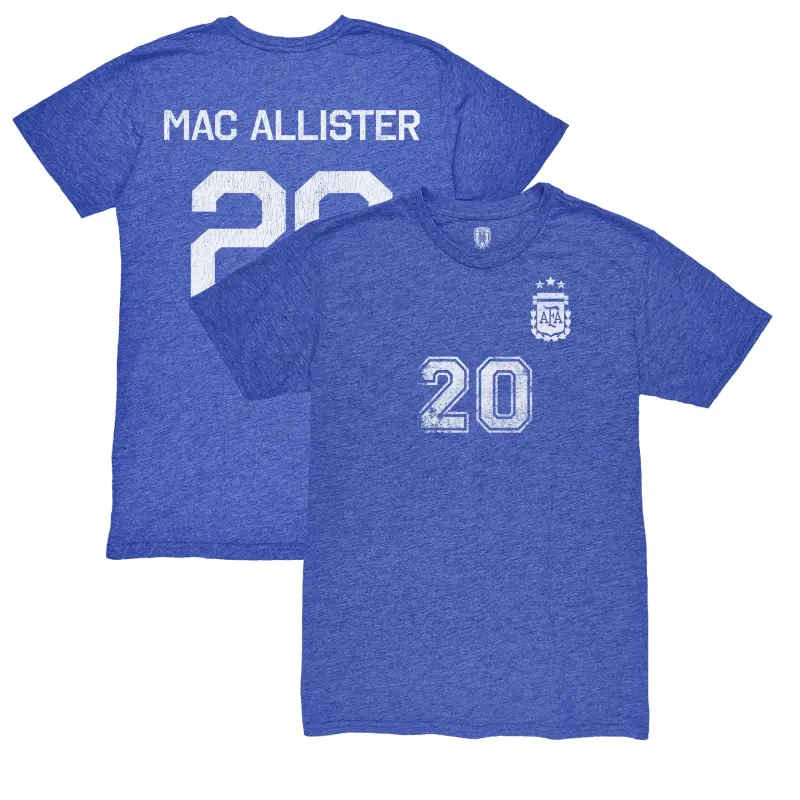 Alexis Mac Allister Argentina National Team 1863FC Retro Name & Number Tri-Blend T-Shirt – Blue – World Cup Soccer Shirts & Gear